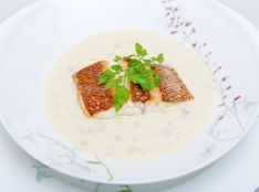 魚のポワレ　カリフラワーのスープ仕立て 皆良田 光輝（ レストラン KAIRADA）